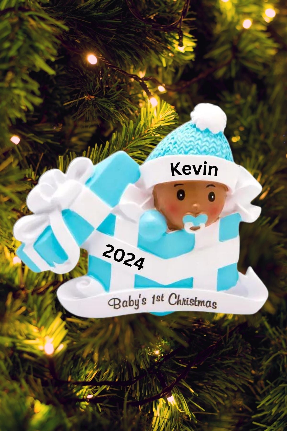 Dark Skin Baby in Present Personalized Ornament