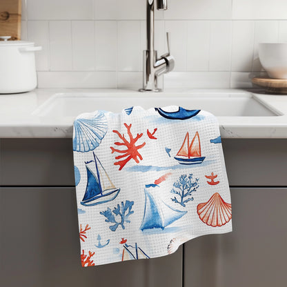 Coral Nautical Anchor Waffle Weave Tea Towel