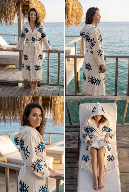 Evil Eye Hooded Turkish Cotton Kimono Robe - NY Gift Boutique