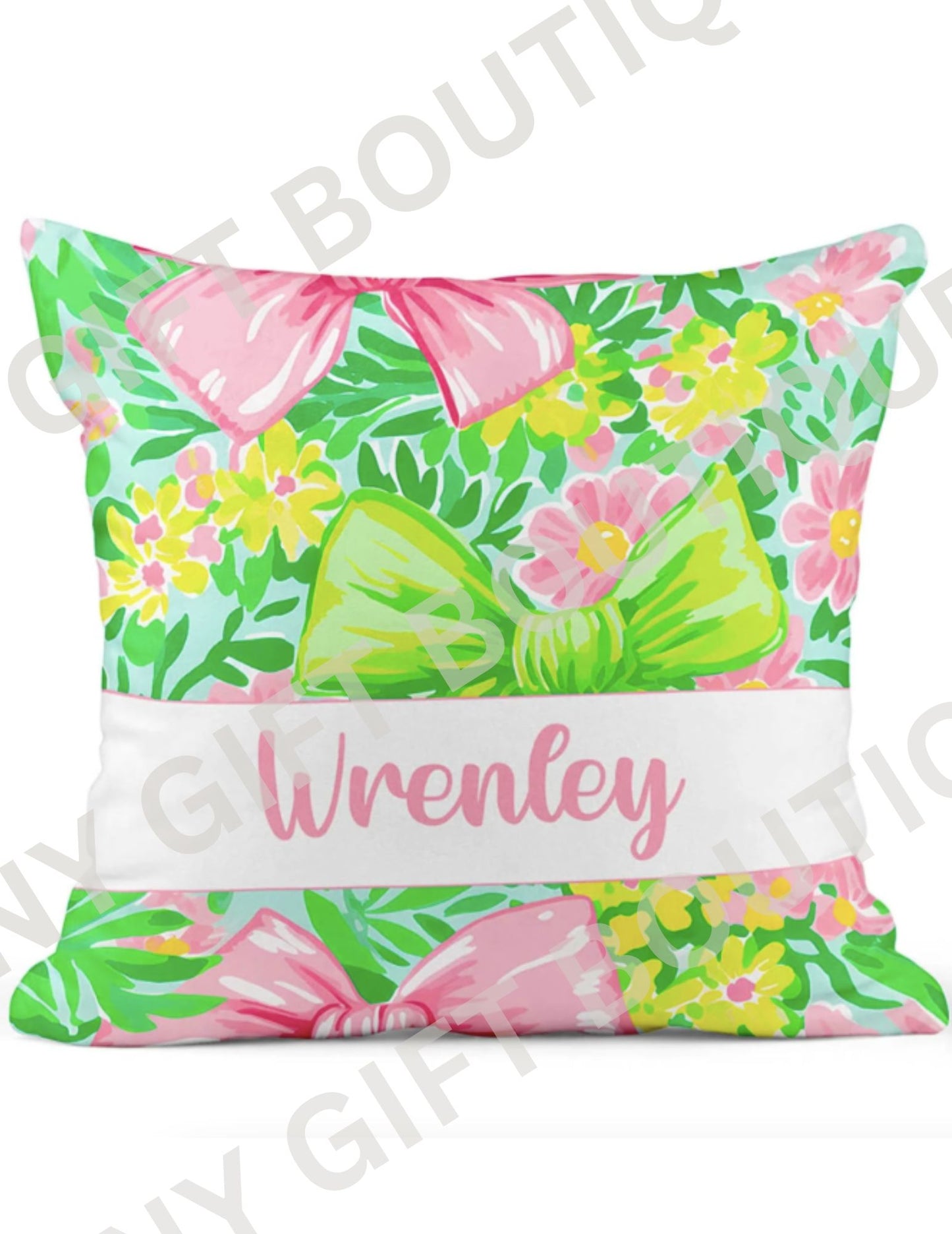 Pink and Green Bow Personalized Snuggle Pillow