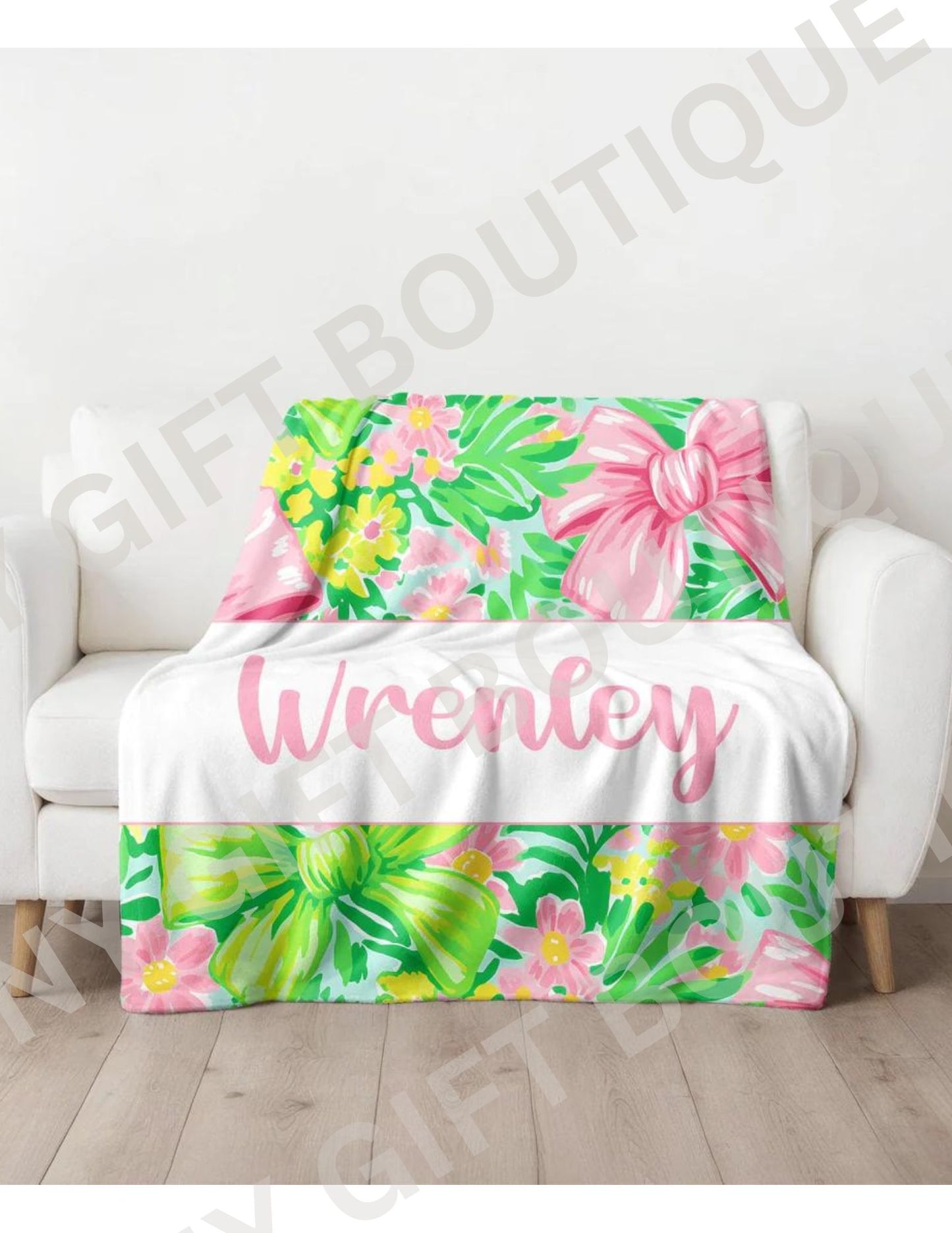 Pink & Green Bow Personalized Blanket