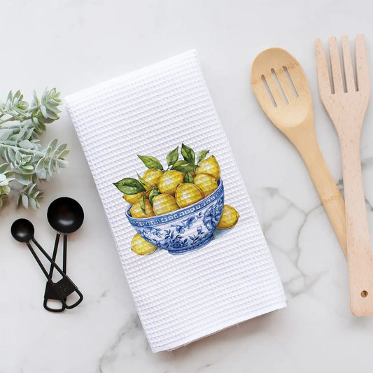 Chinoiserie Lemon Bowl Waffle Weave Tea Towel