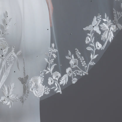 Floral Embroidered Lace Crystals Bridal Veil 42" X 60" - Ivory