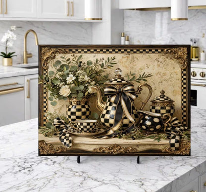Black and White Tea Set Checkerboard Glass Trivet Board