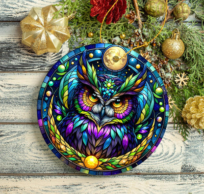 Mysterious Owl Stained Glass Style Ceramic Ornament