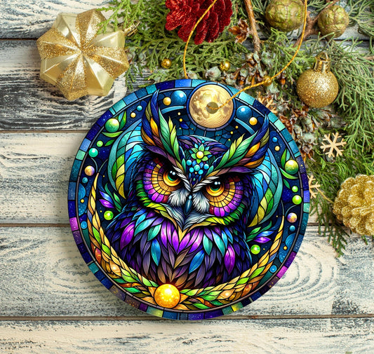 Mysterious Owl Stained Glass Style Ceramic Ornament