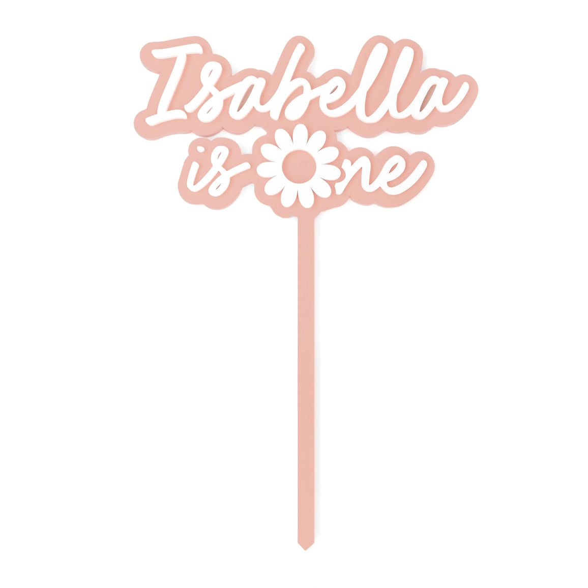 Decorative cake topper with 'Isabella is one' text and a flower design on a white background