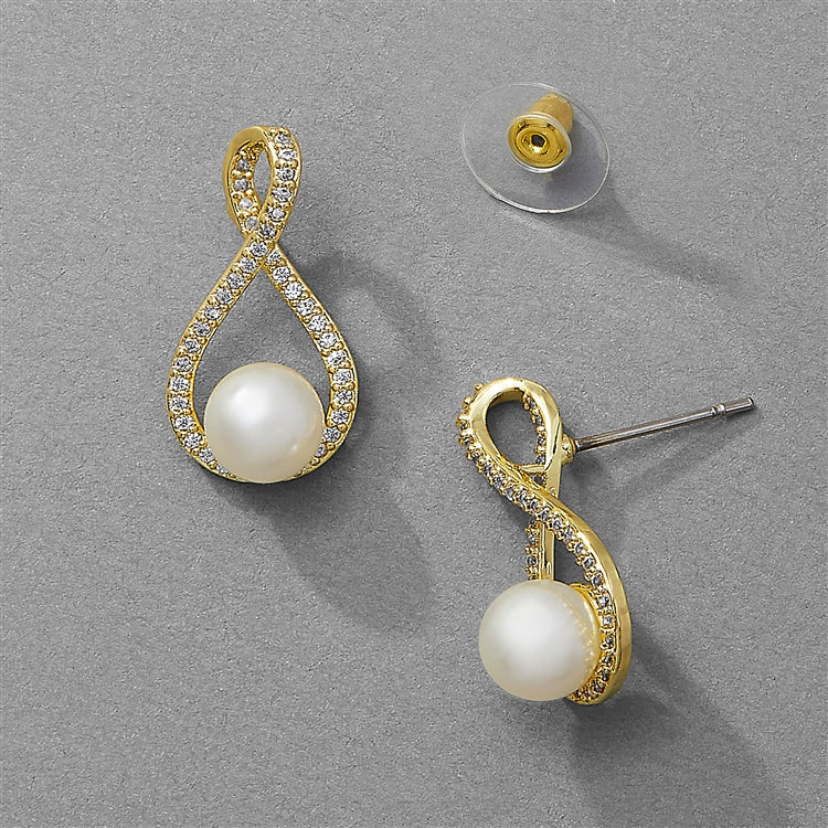 Gold Eternity Symbol Cubic Zirconia Earrings with Pearl