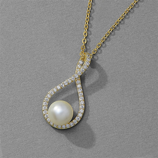 Gold Eternity Symbol Cubic Zirconia Necklace with Pearl