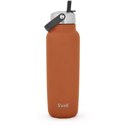 Brown water bottle with black lid on a white background