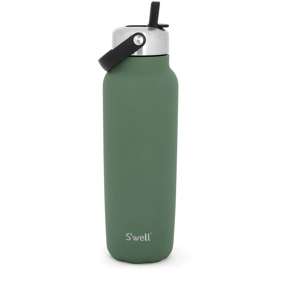 Green water bottle with silver cap on a white background