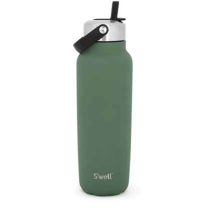 Green water bottle with silver cap on a white background