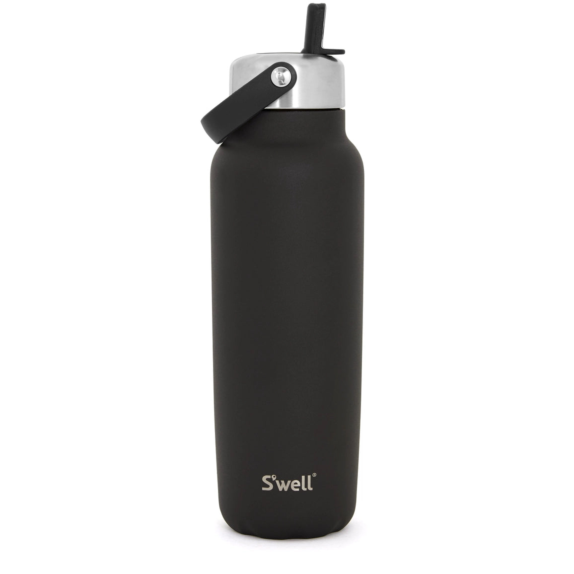 Black water bottle with silver cap on a white background