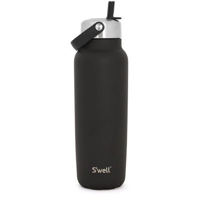 Black water bottle with silver cap on a white background