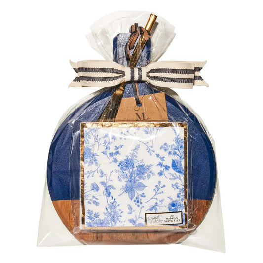 Blue Acacia Board w/ Gold Spreader & Napkin - Blue Chinoiserie