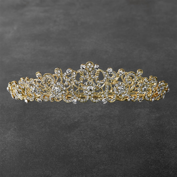 Vintage Filigree Gold Tiara with Clear Crystals