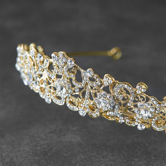 Vintage Filigree Gold Tiara with Clear Crystals