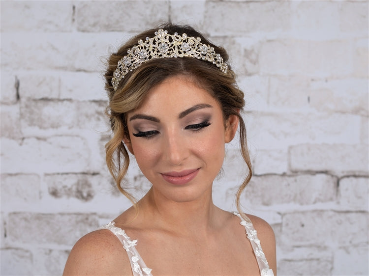 Vintage Filigree Gold Tiara with Clear Crystals