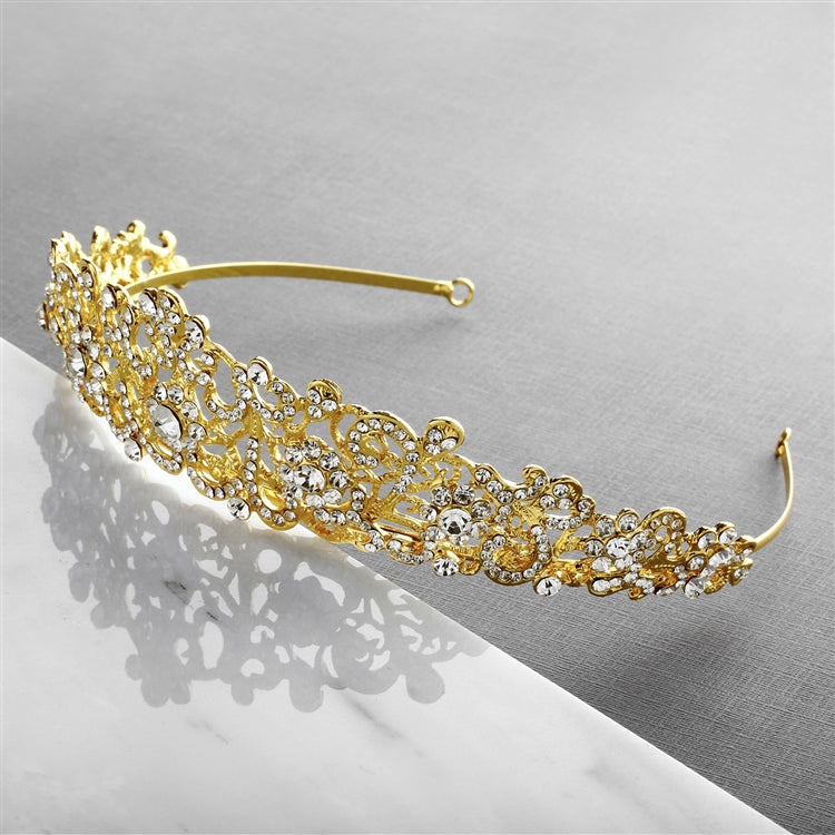 Vintage Filigree Gold Tiara with Clear Crystals