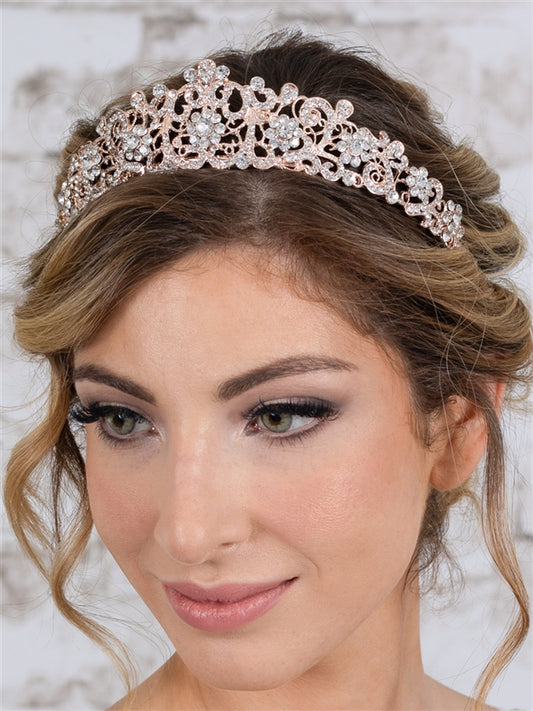 Vintage Filigree Rose Gold Tiara with Clear Crystals