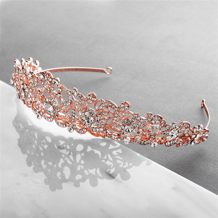 Vintage Filigree Rose Gold Tiara with Clear Crystals