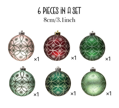 Set of six decorative Christmas balls with patterns and text indicating size and quantity.