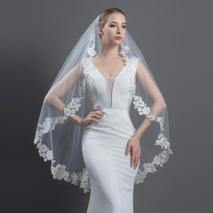 Floral Vine Embroidered Lace Bridal Veil 42" X  72"- Ivory