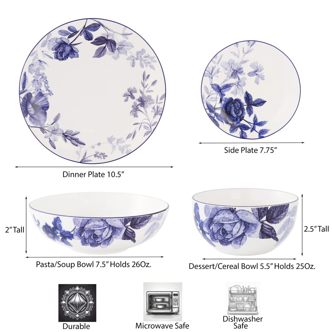 Blue and white floral ceramic dinnerware set with dimensions for dinner plate, side plate, pasta/soup bowl, and dessert/cereal bowl, plus durability, microwave safety, and dishwasher safety icons.