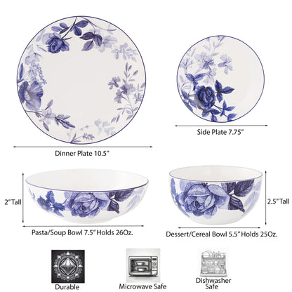 Blue and white floral ceramic dinnerware set with dimensions for dinner plate, side plate, pasta/soup bowl, and dessert/cereal bowl, plus durability, microwave safety, and dishwasher safety icons.