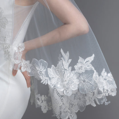 Floral Embroidered Lace Bridal Veil 30" X 60" - Ivory
