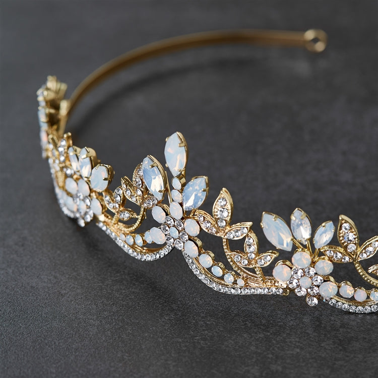 Opal and 14K Gold Plated Tiara Wedding Crown with Wavy Motif