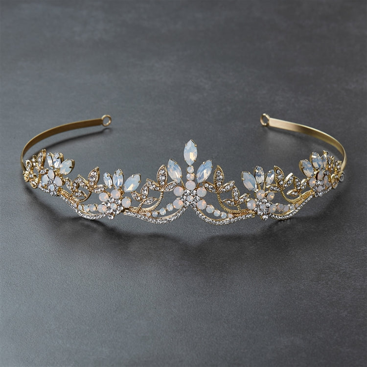 Opal and 14K Gold Plated Tiara Wedding Crown with Wavy Motif