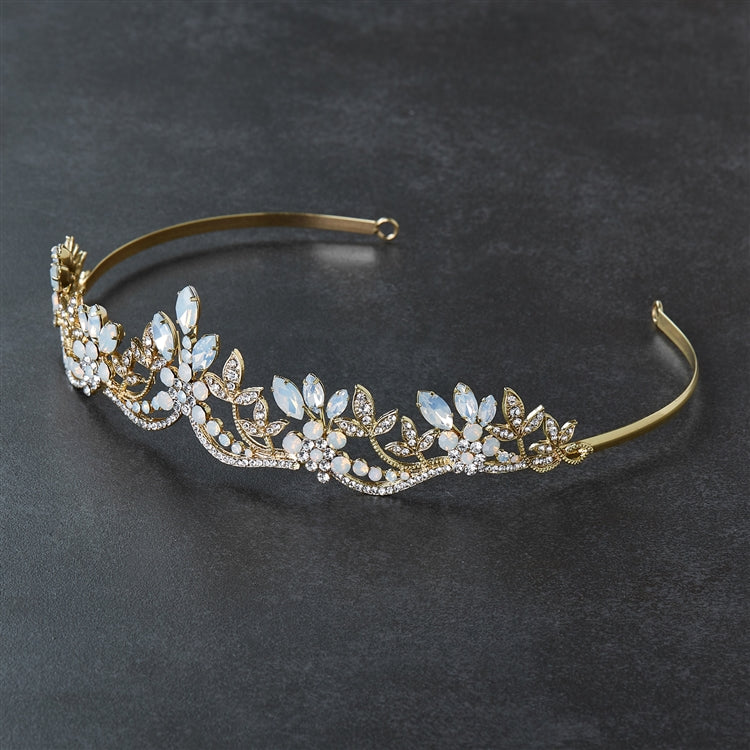 Opal and 14K Gold Plated Tiara Wedding Crown with Wavy Motif