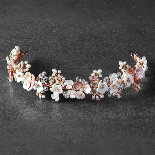 Rose Gold Floral Tiara with Porcelain Flowers & Freshwater Pearls