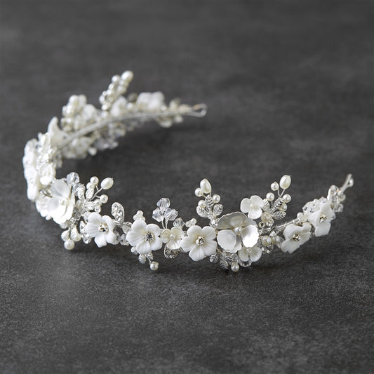 Silver Matte Floral Tiara Crown with Light Ivory Flowers & Freshwater Pearls