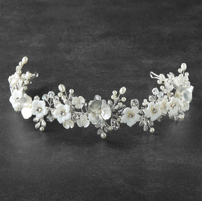 Silver Matte Floral Tiara Crown with Light Ivory Flowers & Freshwater Pearls