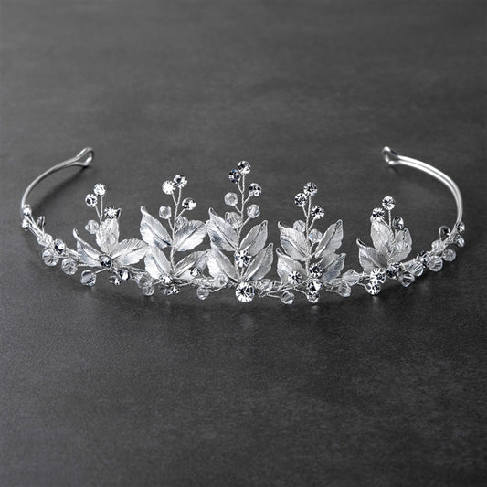 Tiara with Crystals and Hand Painted Matte Silver Leaves