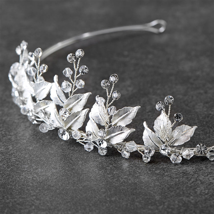 Tiara with Crystals and Hand Painted Matte Silver Leaves