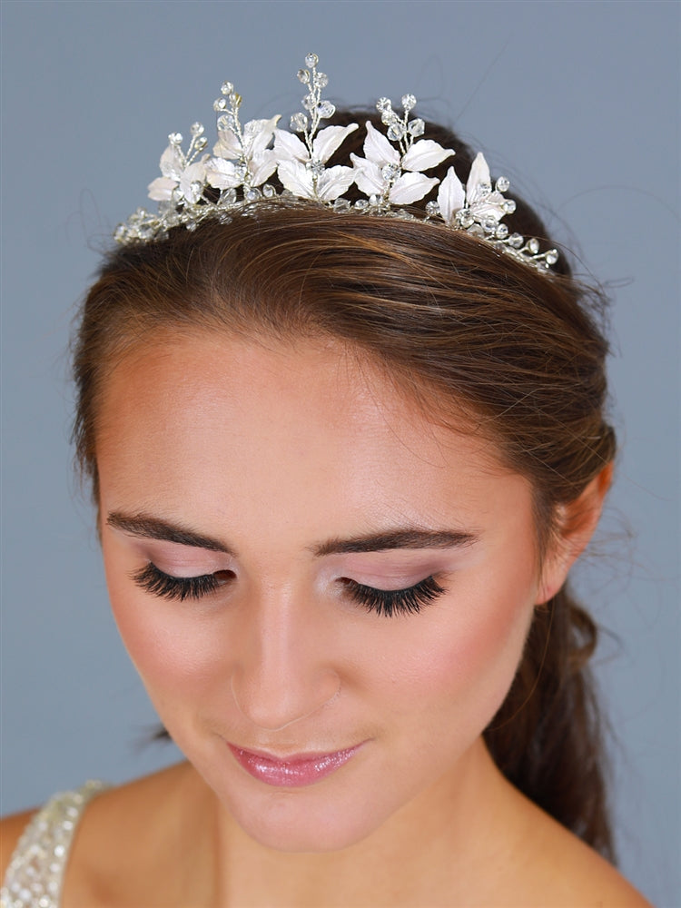 Tiara with Crystals and Hand Painted Matte Silver Leaves