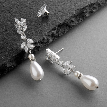 Cubic Zirconia and Teardrop Pearl Designer Bridal Earrings