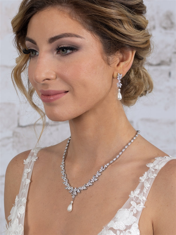 CZ and Pearl Teardrop Statement Necklace and Earrings Set in Platinum