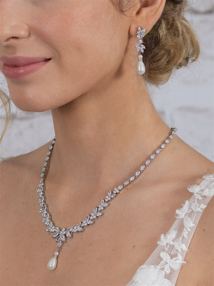 CZ and Pearl Teardrop Statement Necklace and Earrings Set in Platinum