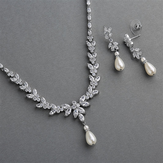 CZ and Pearl Teardrop Statement Necklace and Earrings Set in Platinum