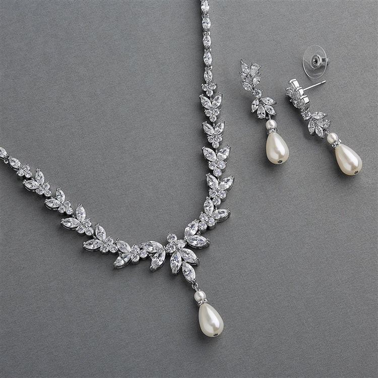 CZ and Pearl Teardrop Statement Necklace and Earrings Set in Platinum