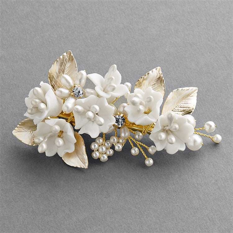 Floral Wedding Hair Clip with Light Ivory Resin Flowers and Silvery Painted Gold Leaves