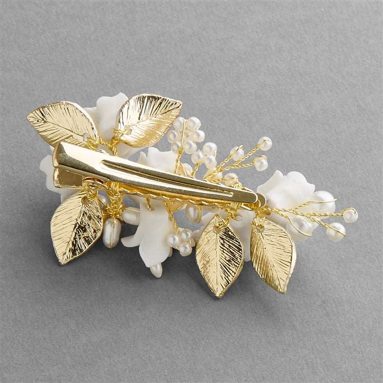Floral Wedding Hair Clip with Light Ivory Resin Flowers and Silvery Painted Gold Leaves