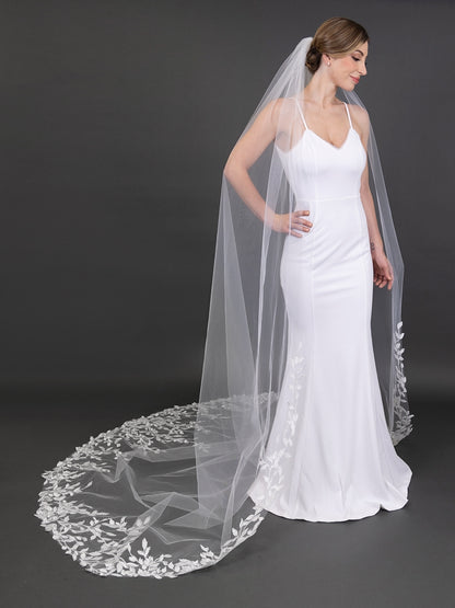 Glistening Lace Petal & Leaf Appliqués 108" Cathedral Veil