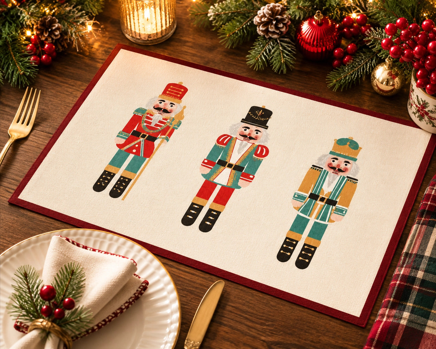 A rectangular holiday placemat with a red border featuring three illustrated nutcracker figures, styled on a wooden table with Christmas decorations, a plate, napkin, fork, and knife.