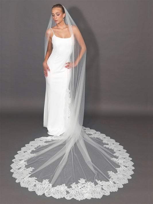 Luxe Soft Italian Tulle - Wide Lace Trim 120" Royal Cathedral Veil