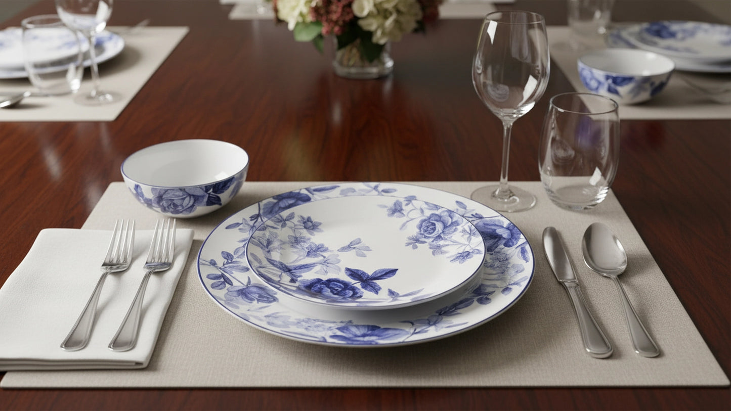 Blue Floral Rose Bone China Dinnerware Set, 16 Piece